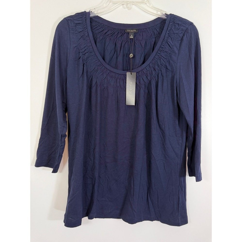 NWT Talbots Blouse Women M Navy Blue Top Gathered Scoop Neck 3/4 Sleeve Pullover